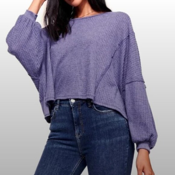 Free People Womens Size XS Blue Love Me Thermal Waffle Sweater Dolman Sleeve Top - Picture 4 of 14